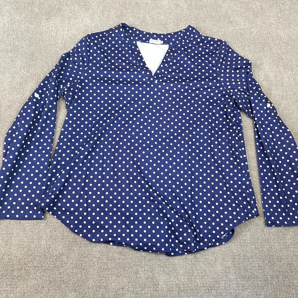 Halife Blouse Top Womens Extra Large Blue Polka Dot Curved Hem Split V Neck
